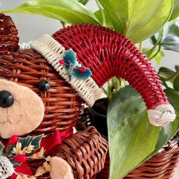 Adorable Vintage Wicker Bear Planter, Rattan Christmas Planter - Picture 4 of 5